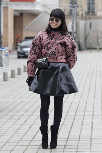 A full leather skirt was all girlie, but a brocade sweatshirt countered with a trendy update.
A full leather skirt was all girlie, but a brocade sweatshirt countered with a trendy update.