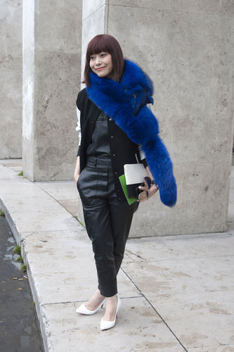 The statement-hued fur added whimsy to leather sportswear.
The statement-hued fur added whimsy to leather sportswear.