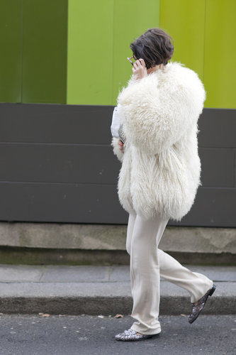 It may be a simplified palette, but this furry coat and glittery loafers packed quite punch.
It may be a simplified palette, but this furry coat and glittery loafers packed quite punch.