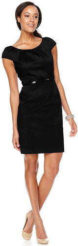 Spense Petite Dress, Cap Sleeve Belted Pleated Scoop Neck