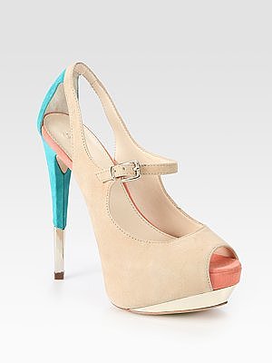 Suede Colorblock Peep Toe Platform Pumps