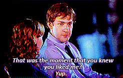 As they're looking back on their relationship, Pam tells Jim when he caught her attention.
Pam: "You came up to my desk and you said, 'This might sound weird, and there's no reason for me to know this, but that mixed berry yogurt you're about to eat is expired.'"
Jim: "That was the moment that you knew you liked me."
Pam: "Yup."
Jim: "Wow. Can we make it a different moment?"
Pam: "Nope."
As they're looking back on their relationship, Pam tells Jim when he caught her attention.
Pam: "You came up to my desk and you said, 'This might sound weird, and there's no reason for me to know this, but that mixed berry yogurt you're about to eat is expired.'"
Jim: "That was the moment that you knew you liked me."
Pam: "Yup."
Jim: "Wow. Can we make it a different moment?"
Pam: "Nope."