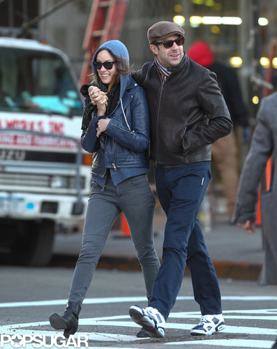 Olivia Wilde wore a blue hoodie and a matching leather jacket.
Olivia Wilde wore a blue hoodie and a matching leather jacket.