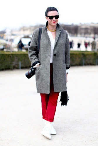 Garance Doré showed off her style in front of the camera in bold trousers and a menswear-inspired coat.
Garance Doré showed off her style in front of the camera in bold trousers and a menswear-inspired coat.