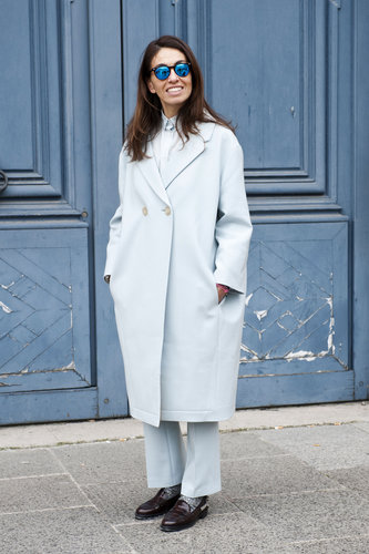 Pale blue menswear accessorized with high-impact shades.
Pale blue menswear accessorized with high-impact shades.