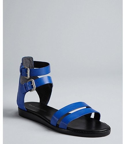 Pour la Victoire cobalt leather double buckle straps 'Edilia' flat gladiator sandals