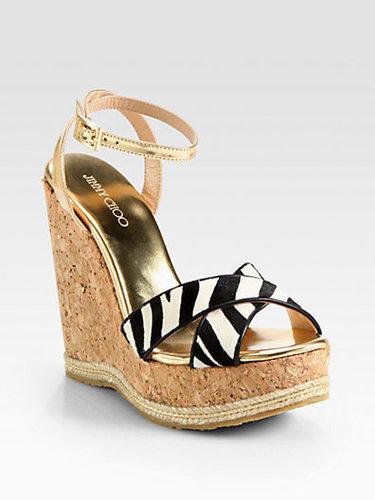 Jimmy Choo Papahi Zebra-Print Pony Hair Cork Wedge Sandals