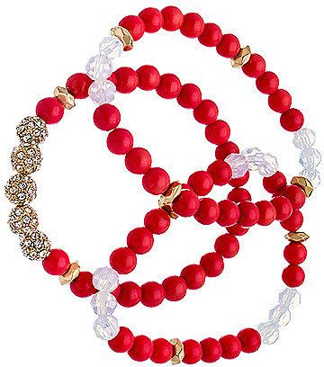 Blu Bijoux Set of Three Gold Crystal and Coral Beaded Bracelets