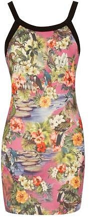 Be Beau Tropical Print Mesh Body-Con Dress