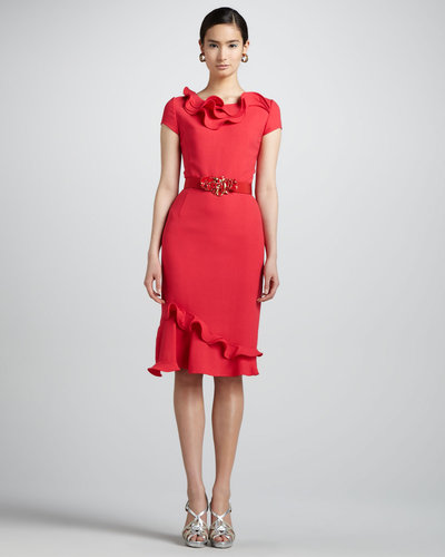 Oscar de la Renta Petal-Collar Dress & Floral Belt, Geranium