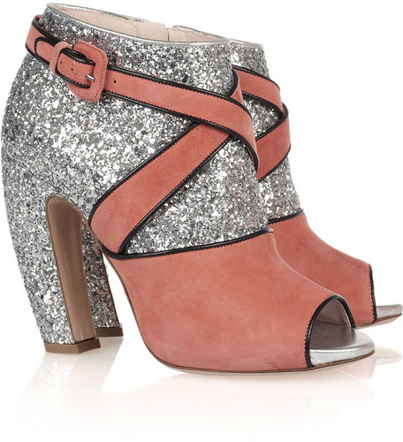 Miu Miu Glitter and suede peep-toe ankle boots