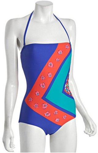 DKNY cerulean floral scarf print one-piece convertible bandeau maillot