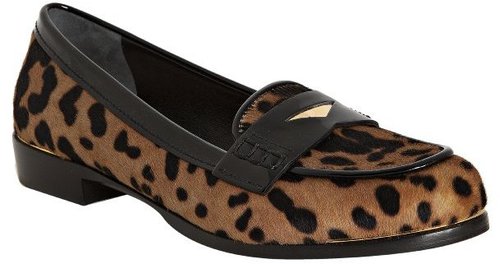 Miu tan and black leopard print pony hair loafers