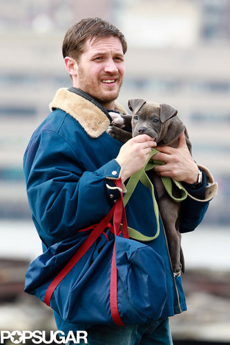 Tom Hardy Cuddles Up to a Canine Costar on Set Tom Hardy Cuddles Up to a Canine Costar on Set