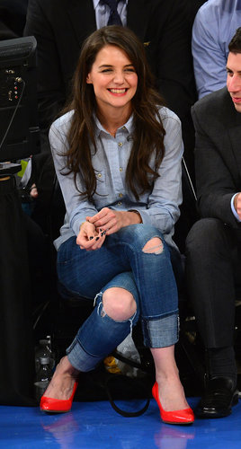 Katie Holmes's double-denim outfit and bright pumps were a fun, fresh addition to the front row at a February NY Knicks game.
Katie Holmes's double-denim outfit and bright pumps were a fun, fresh addition to the front row at a February NY Knicks game.