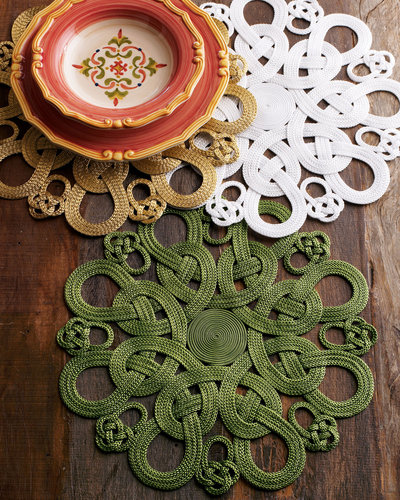 Handcrafted, intricate place mats ($46, originally $58) in gold or deep green will give your St. Paddy's Day party a sophisticated, grown-up feel.
Handcrafted, intricate place mats ($46, originally $58) in gold or deep green will give your St. Paddy's Day party a sophisticated, grown-up feel.