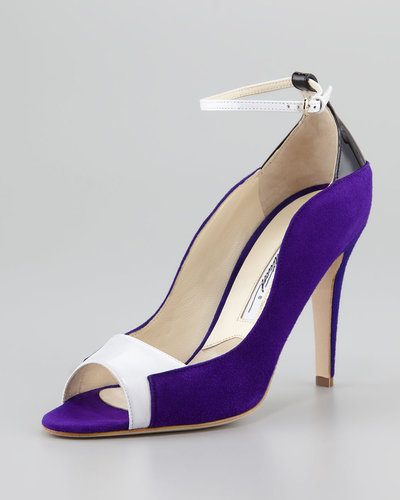 Brian Atwood Evie Contoured Suede Ankle-Wrap Pump, Purple/Black/White