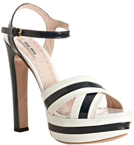 Miu white and navy patent leather platform ankle strap sandals