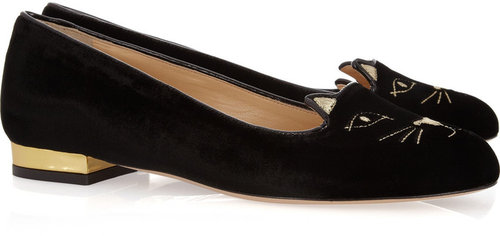 Charlotte Olympia Kitty embroidered velvet flats