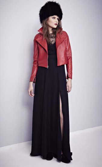 Misha Nonoo's black georgette and French lace gown was made even cooler thanks to the red cropped leather biker jacket and fur hat.
Misha Nonoo's black georgette and French lace gown was made even cooler thanks to the red cropped leather biker jacket and fur hat.