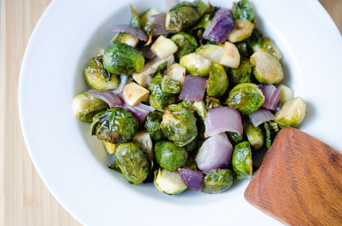 Roasted Red Onion and Brussels Sprouts