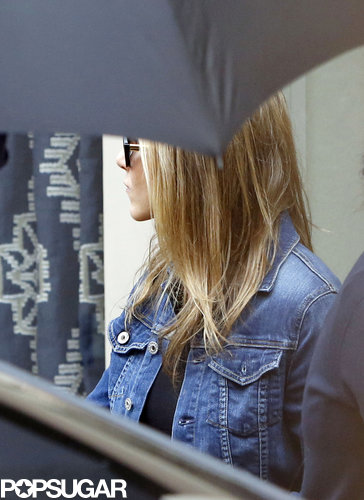 Jennifer Aniston wore a denim jacket.
Jennifer Aniston wore a denim jacket.