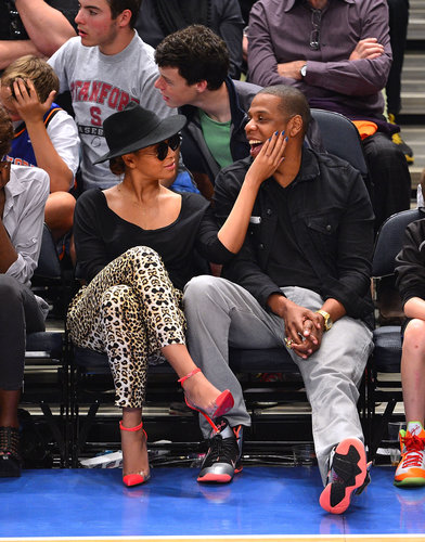 Beyoncé admired her man while wearing leopard-print A.L.C. pants and neon ankle-strap cap-toe Christian Louboutin pumps during a New York Knicks game in April 2012.
Beyoncé admired her man while wearing leopard-print A.L.C. pants and neon ankle-strap cap-toe Christian Louboutin pumps during a New York Knicks game in April 2012.