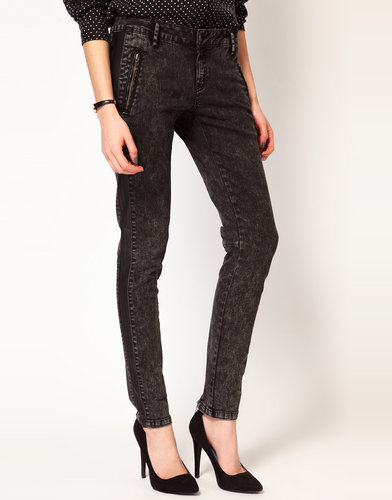 Selected Acid Wash Black Jeans With Leather Trim