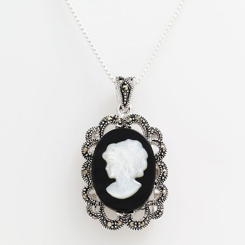 Sterling silver onyx and marcasite cameo pendant