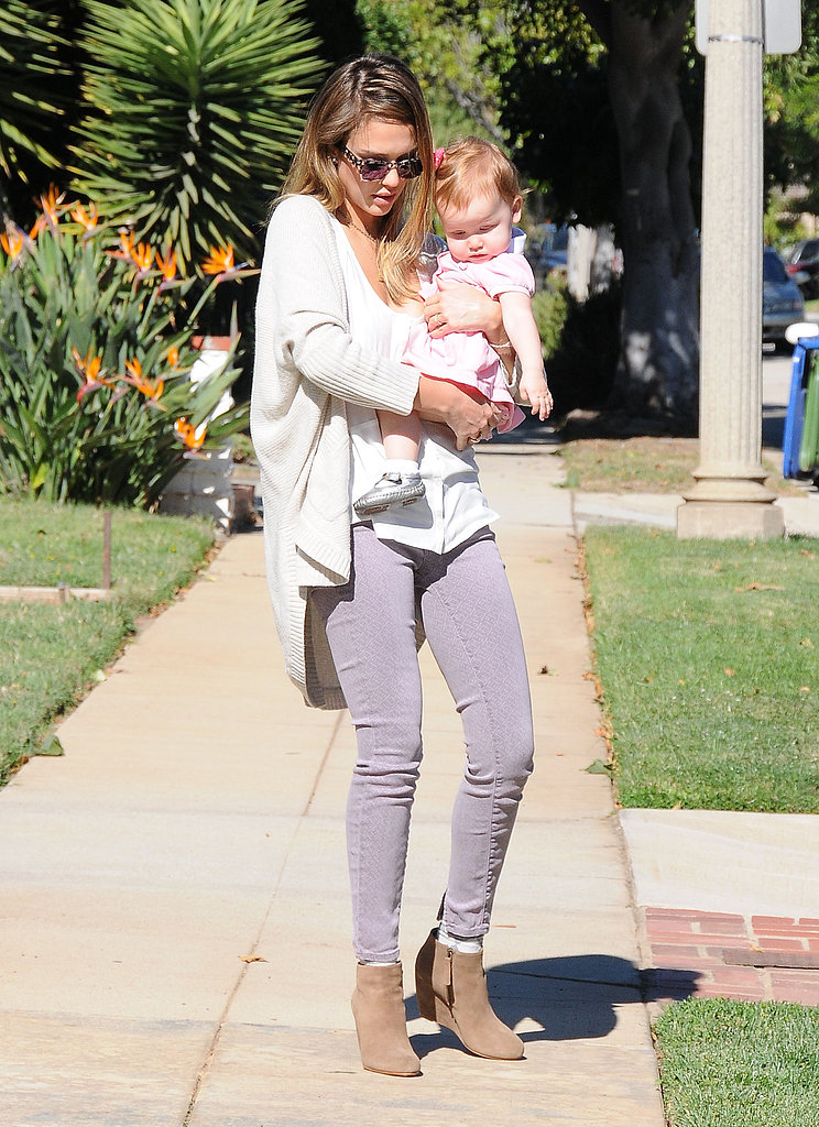 The colored-jean queen wore light-purple Genetic Denim skinny jeans with a white tee and a slouchy shawl cardigan while taking Haven for a walk in LA. For accessories, the actress sported printed sunglasses and taupe wedge booties.
The colored-jean queen wore light-purple Genetic Denim skinny jeans with a white tee and a slouchy shawl cardigan while taking Haven for a walk in LA. For accessories, the actress sported printed sunglasses and taupe wedge booties.