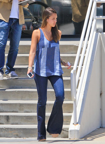Jessica stuck with a blue color palette, pairing her wide-leg denim with a patchwork tank in LA.
Jessica stuck with a blue color palette, pairing her wide-leg denim with a patchwork tank in LA.