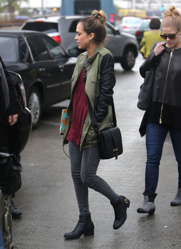 Even a rainy day can't damper Jessica's killer style. The model mom bundled up in a leather-sleeved military jacket by Sanctuary, fishnet-print Current/Elliott denim, and leather Rupert Sanderson ankle boots.
Even a rainy day can't damper Jessica's killer style. The model mom bundled up in a leather-sleeved military jacket by Sanctuary, fishnet-print Current/Elliott denim, and leather Rupert Sanderson ankle boots.