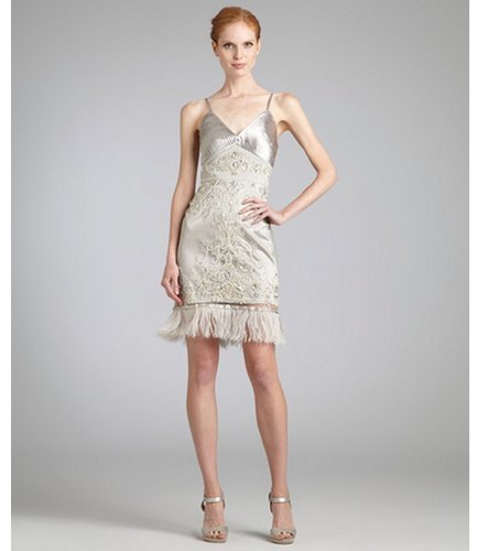 Sue Wong platinum beaded and jeweled ostrich feather trim dress