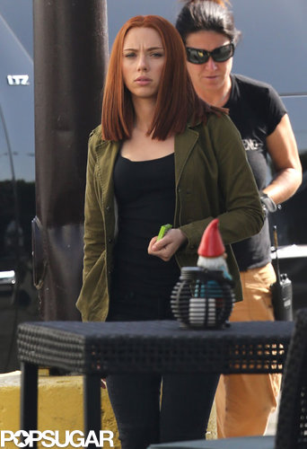 Scarlett Johansson shows off her red hair on her Captain America: The Winter Soldier set.
Scarlett Johansson shows off her red hair on her Captain America: The Winter Soldier set.