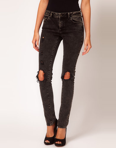 ASOS Skinny Jeans in Black Acid Wash with Rip Details