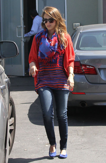 Jessica doubled up on color and print donning a red-and-purple striped Splendid tank with a coordinating scarf and blue ballet flats in LA.
Jessica doubled up on color and print donning a red-and-purple striped Splendid tank with a coordinating scarf and blue ballet flats in LA.