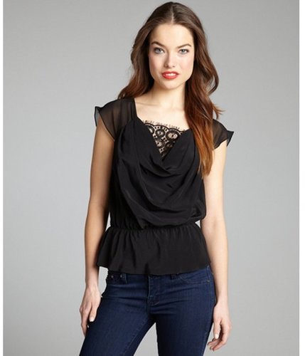 Robert Rodriguez black silk and lace blouson top