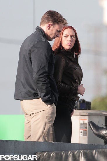 Scarlett Johansson and Chris Evans filmed a scene for Captain America: The Winter Soldier.
Scarlett Johansson and Chris Evans filmed a scene for Captain America: The Winter Soldier.