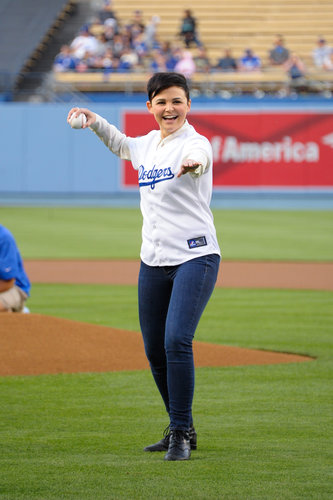 Ginnifer Goodwin gave her pitching skills a go at the LA Dodgers game in May.
Ginnifer Goodwin gave her pitching skills a go at the LA Dodgers game in May.