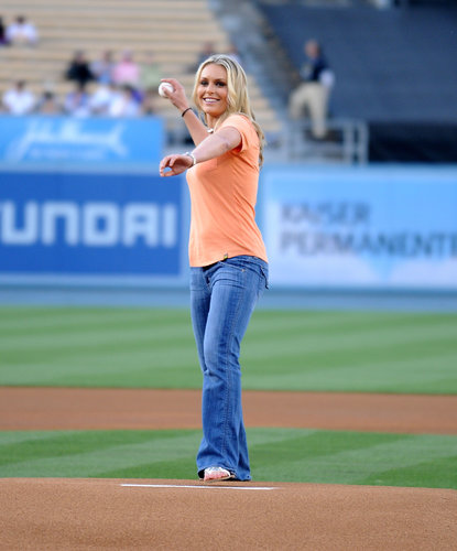 In May 2011, Lindsey Vonn threw out the first pitch at Dodger stadium in LA.
In May 2011, Lindsey Vonn threw out the first pitch at Dodger stadium in LA.