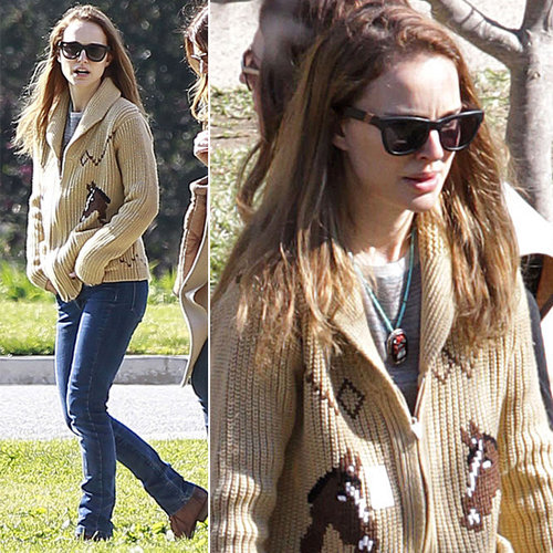 Natalie Portman bundled up in a shawl-collar cardigan, lace-up boots, and a pair of classic shades from Westward Leaning ($180) during a family park day in Pasadena, CA.
Natalie Portman bundled up in a shawl-collar cardigan, lace-up boots, and a pair of classic shades from Westward Leaning ($180) during a family park day in Pasadena, CA.