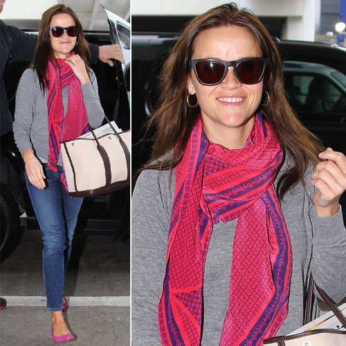 Reese Witherspoon arrived at LAX working a pink printed scarf, coordinating flats, and these Louisiana Purchase ($165) sunglasses by Westward Leaning.
Reese Witherspoon arrived at LAX working a pink printed scarf, coordinating flats, and these Louisiana Purchase ($165) sunglasses by Westward Leaning.
