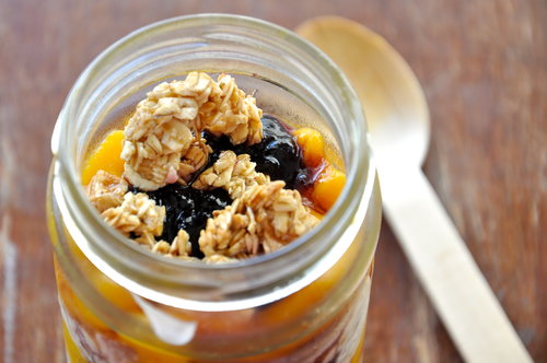 Mango, Blueberry jam, and Apple-Cinnamon Granola Parfait