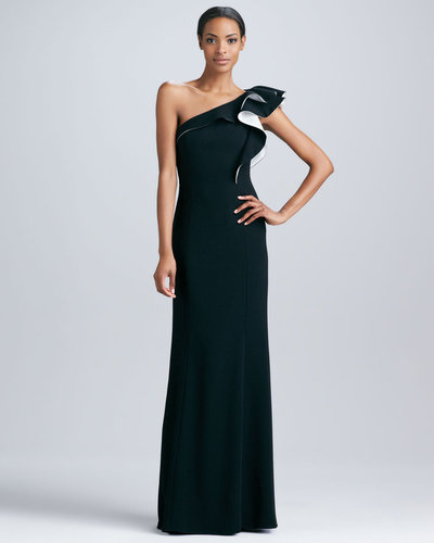 Carmen Marc Valvo One-Shoulder Ruffle Gown