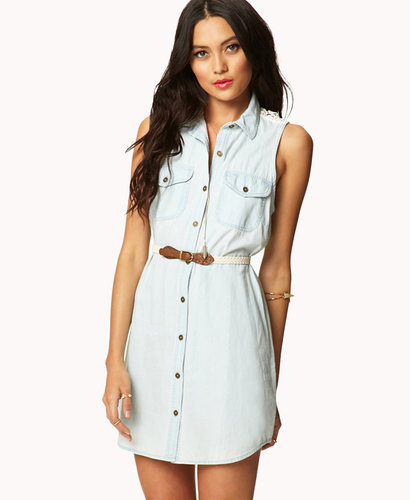 FOREVER 21 Crocheted Denim Shirt Dress w/ Belt
