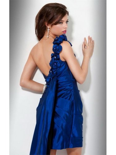 Ruffled Neck Satin Mermaid One Shoulder Short Length Blue Cocktail Dress NPD0086