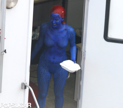 Jennifer Lawrence was in full costume on the X-Men set.
Jennifer Lawrence was in full costume on the X-Men set.