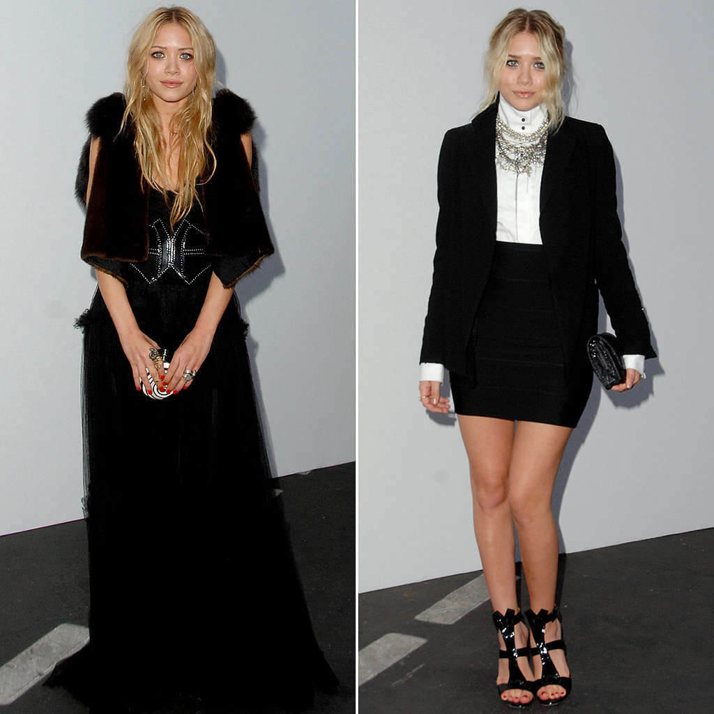 Twinning combo: Both girls nailed the goth-glam vibe for the 2007/2008 Chanel Cruise Show in Santa Monica.
Mary-Kate paired a dramatic black gown with a studded leather belt and chocolate-colored fur vest.
Ashley put her toned stems on display in a black bandage skirt, fitted blazer, and high-collar white blouse. Her multistrand diamond necklace and caged sandals were the perfect finishing touches.
Twinning combo: Both girls nailed the goth-glam vibe for the 2007/2008 Chanel Cruise Show in Santa Monica.
Mary-Kate paired a dramatic black gown with a studded leather belt and chocolate-colored fur vest.
Ashley put her toned stems on display in a black bandage skirt, fitted blazer, and high-collar white blouse. Her multistrand diamond necklace and caged sandals were the perfect finishing touches.
