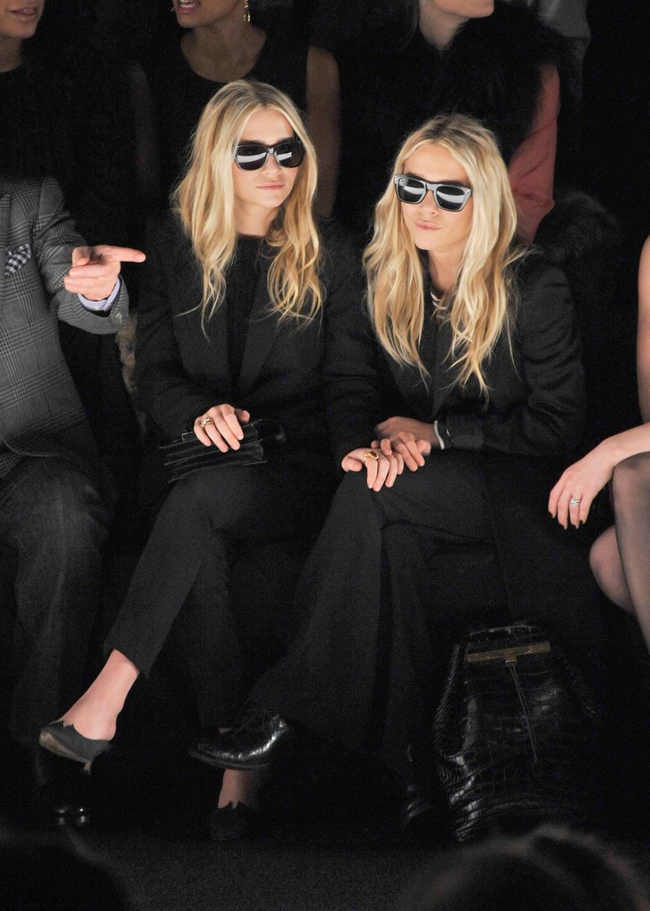 Twinning combo: If black is the color of power, then the Olsens were reigning queens at the J. Mendel show during Fall 2012 New York Fashion Week.
Ashley donned an all-black suit with retro shades.
Mary-Kate took inspiration from her twin working the exact same look.
Twinning combo: If black is the color of power, then the Olsens were reigning queens at the J. Mendel show during Fall 2012 New York Fashion Week.
Ashley donned an all-black suit with retro shades.
Mary-Kate took inspiration from her twin working the exact same look.