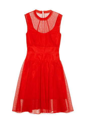 Carven makes what could have been a simple red dress ready for cocktail hour thanks to a mesh overlay that highlights the scoop neck ($578).
Carven makes what could have been a simple red dress ready for cocktail hour thanks to a mesh overlay that highlights the scoop neck ($578).